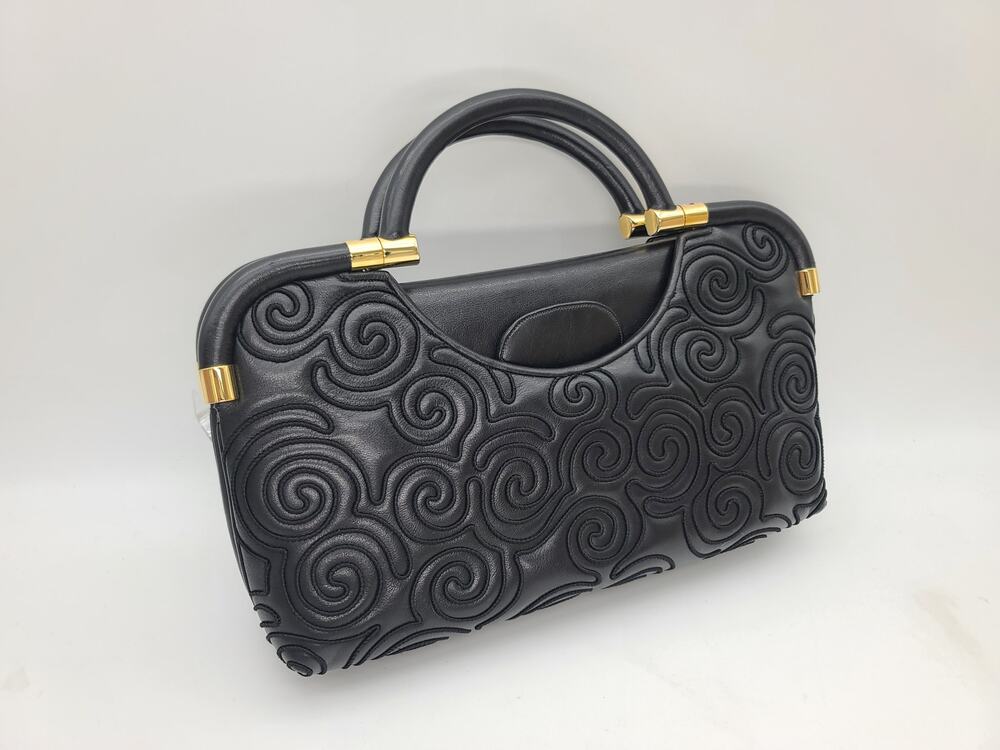 Judith Leiber Black Leather Handbag "Arabesque" Pattern Gold Accents Dust Bag